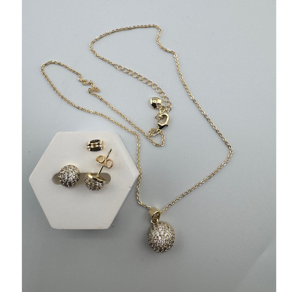 New 14K Gold Plated Crystal Pavé Ball Pendant Necklace and Stud Earrings Set